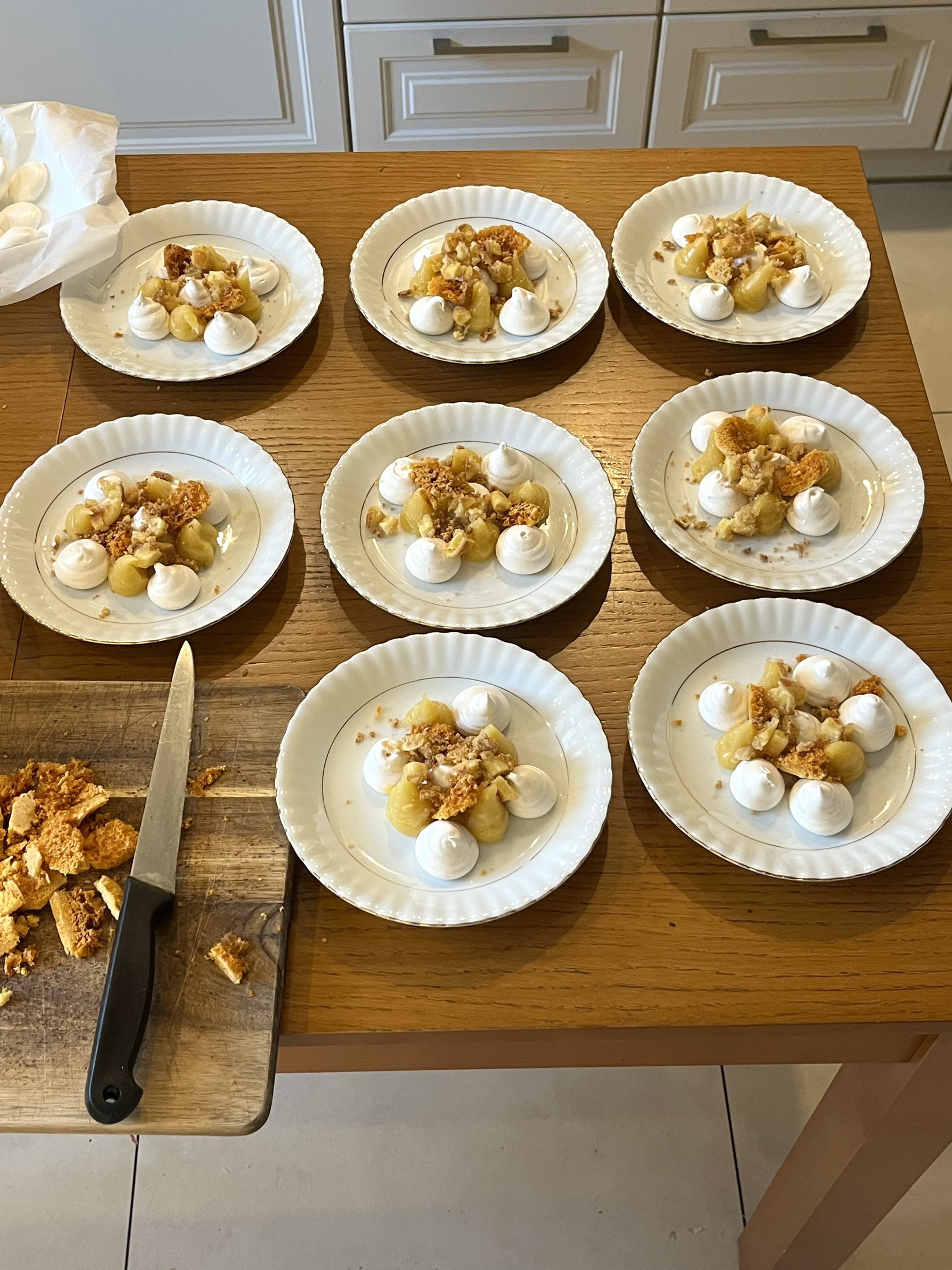 Meringue dessert plates prepared for a private dining event on the French Riviera