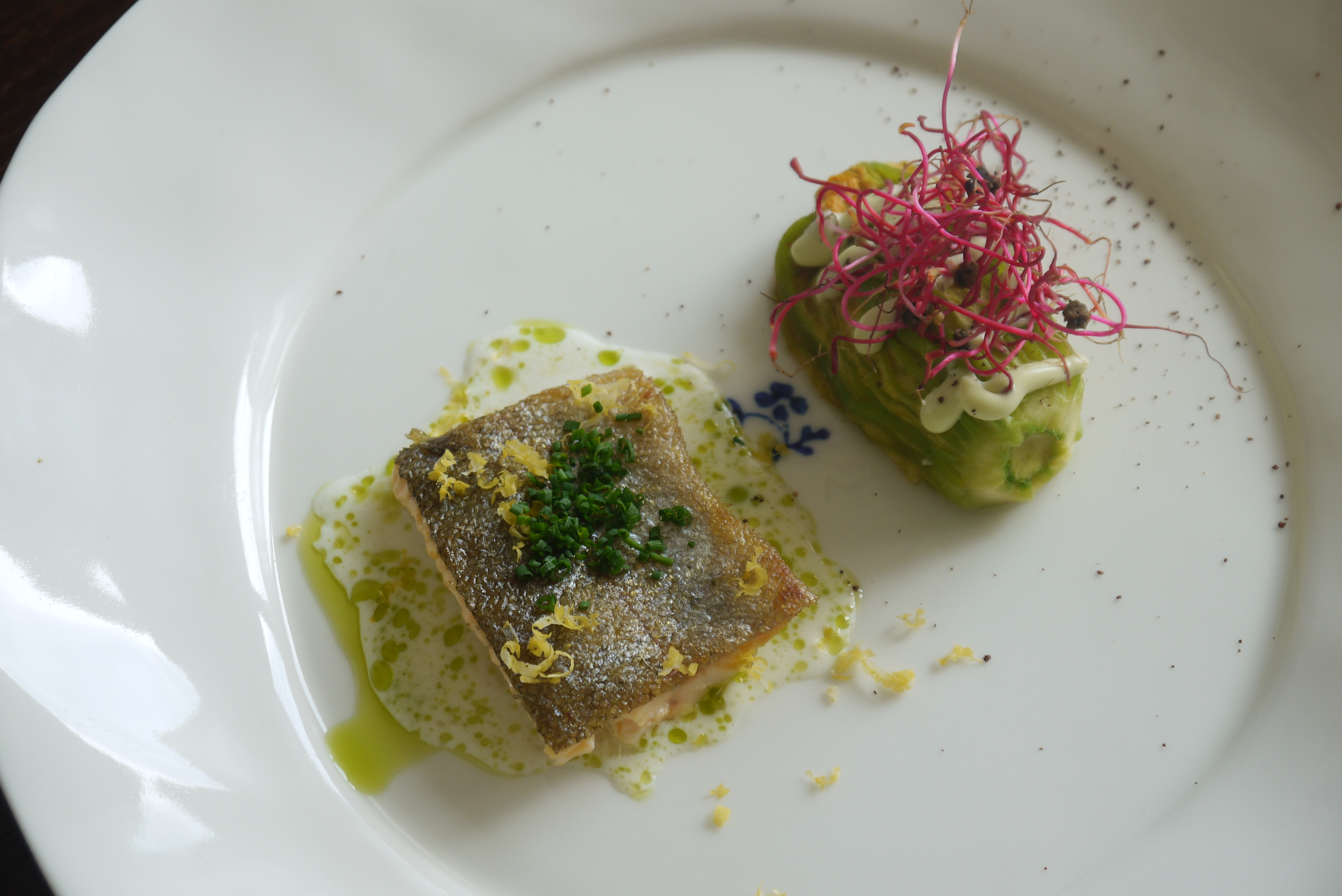 Sea bass tasting menu dish for private chef service in Monaco